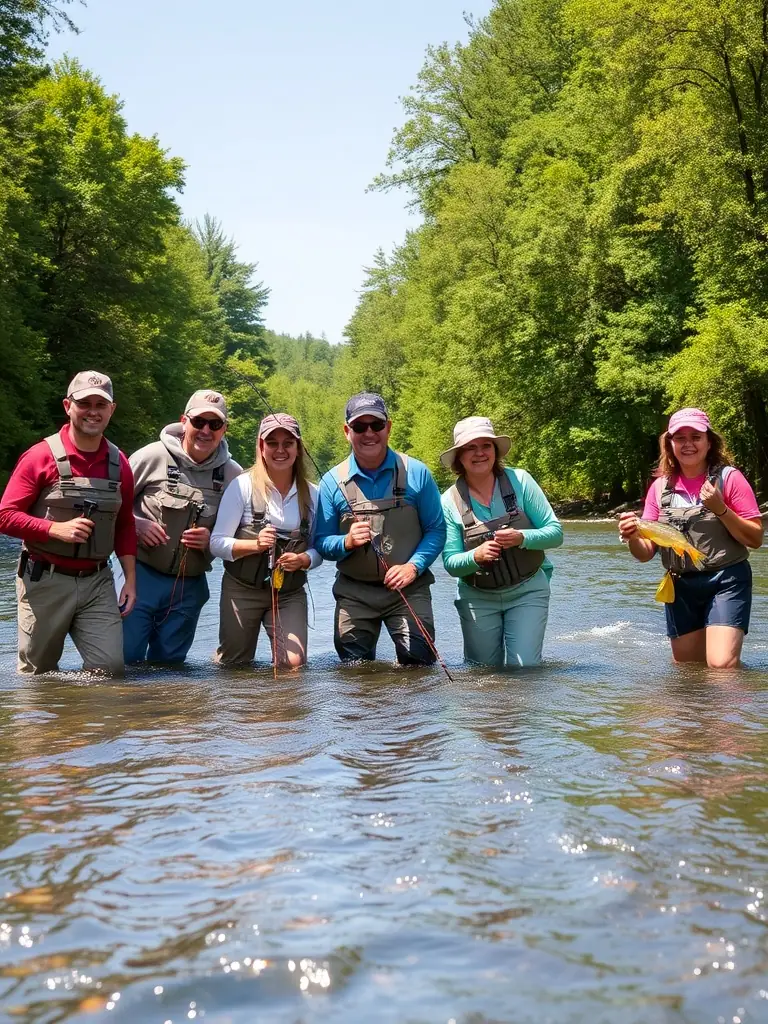 A photo of club members enjoying a fly fishing trip in a picturesque location, showcasing the camaraderie and shared passion for the sport.