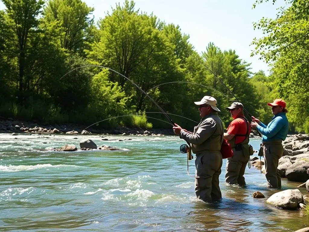 A group of CLUB MOUCHE DE BOURGES members participating in a fly fishing workshop on the banks of a clear river, demonstrating casting techniques under the guidance of an experienced instructor.