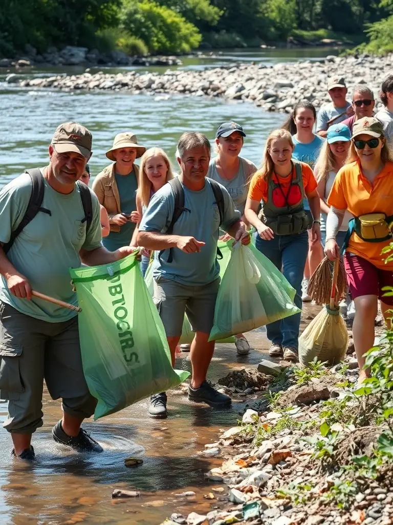 A scenic shot of a group of fly fishers participating in a river cleanup event, collecting trash and debris from the riverbanks. The image should highlight the club's commitment to environmental stewardship.