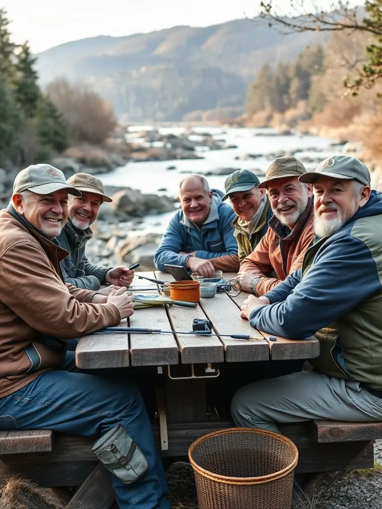 A photo of CLUB MOUCHE DE BOURGES members gathered for a social event, sharing stories and experiences related to fly fishing. The image should convey a sense of camaraderie and shared passion.