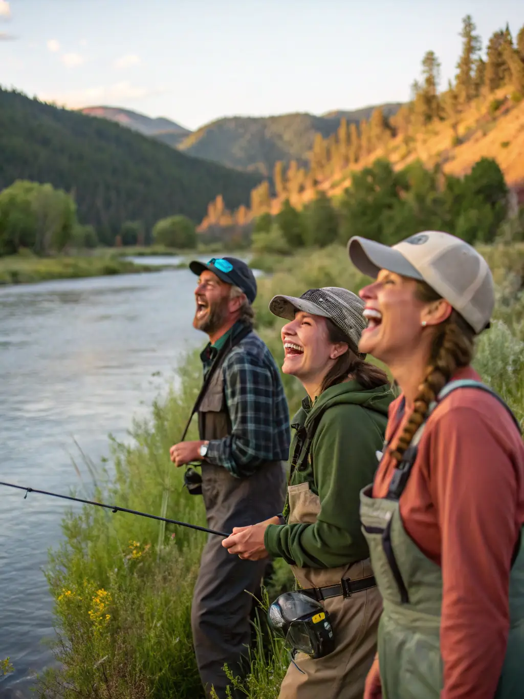 A photograph of a group of CLUB MOUCHE DE BOURGES members participating in a fly fishing workshop, demonstrating casting techniques in a river setting. The image should convey a sense of community and learning.