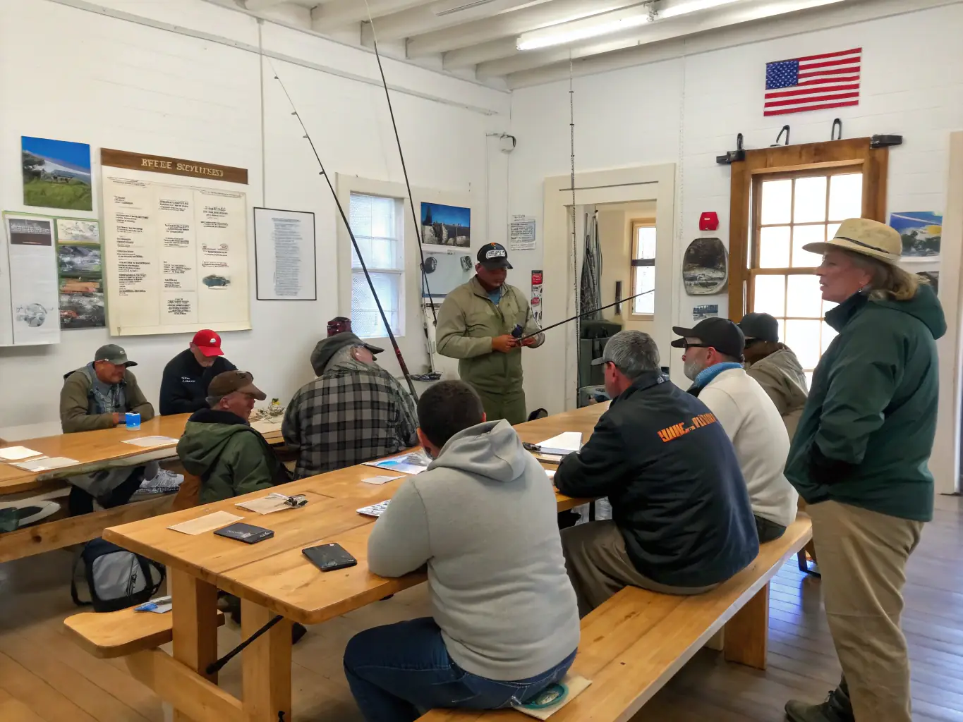 A photo of club members participating in a fly fishing workshop, learning about different techniques and strategies from experienced anglers, fostering community learning.