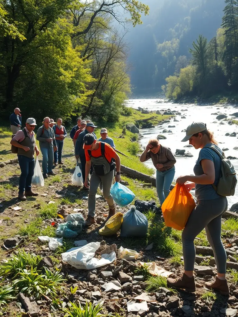 A photo of a group of volunteers cleaning up a riverbank, removing trash and debris.