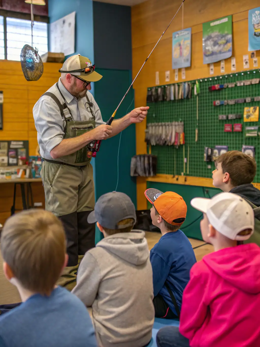 A photograph of a fly fishing workshop in progress, with participants learning casting techniques from an instructor in a riverside setting. The image should convey a sense of community and hands-on learning.