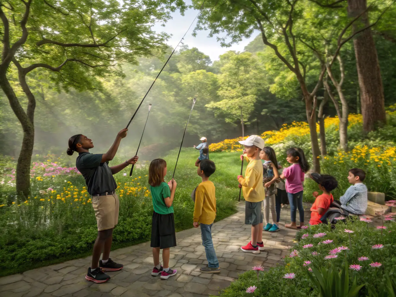A group of children learning to fly fish in a controlled environment, with instructors guiding them on proper techniques and safety measures, promoting youth engagement.
