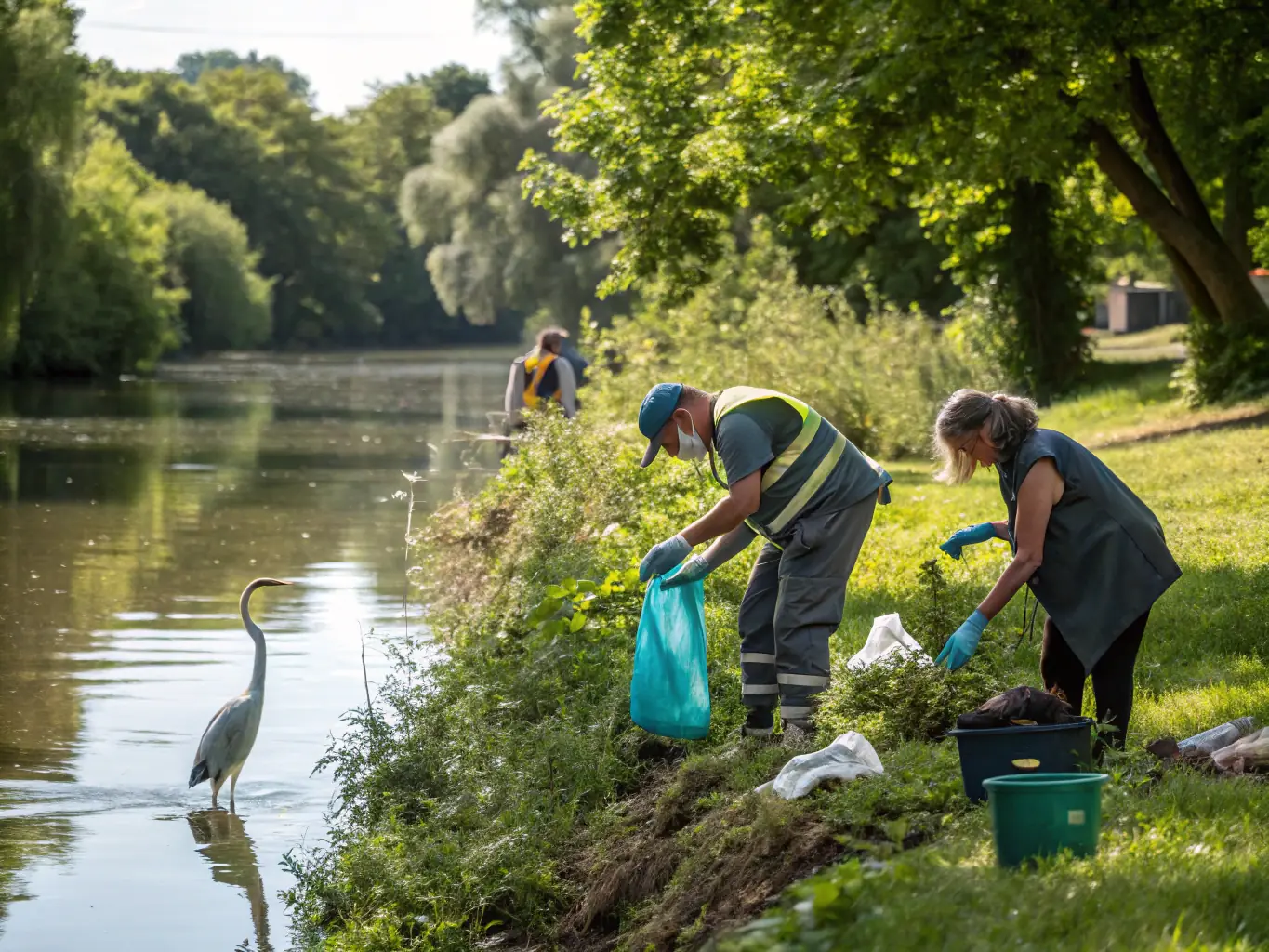 CLUB MOUCHE DE BOURGES members working together on a river cleanup project, collecting trash and debris to protect the aquatic ecosystem and preserve the natural beauty of the area.