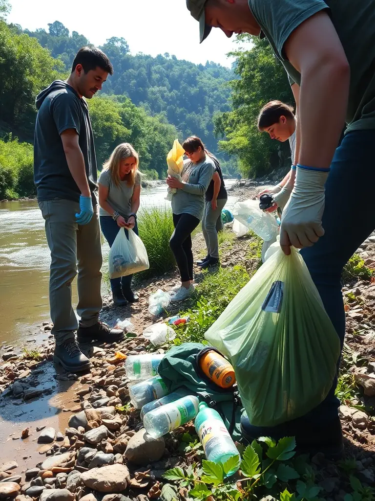 A picture of CLUB MOUCHE DE BOURGES members cleaning up a riverbank, collecting trash and debris. The image should emphasize the club's commitment to environmental conservation.