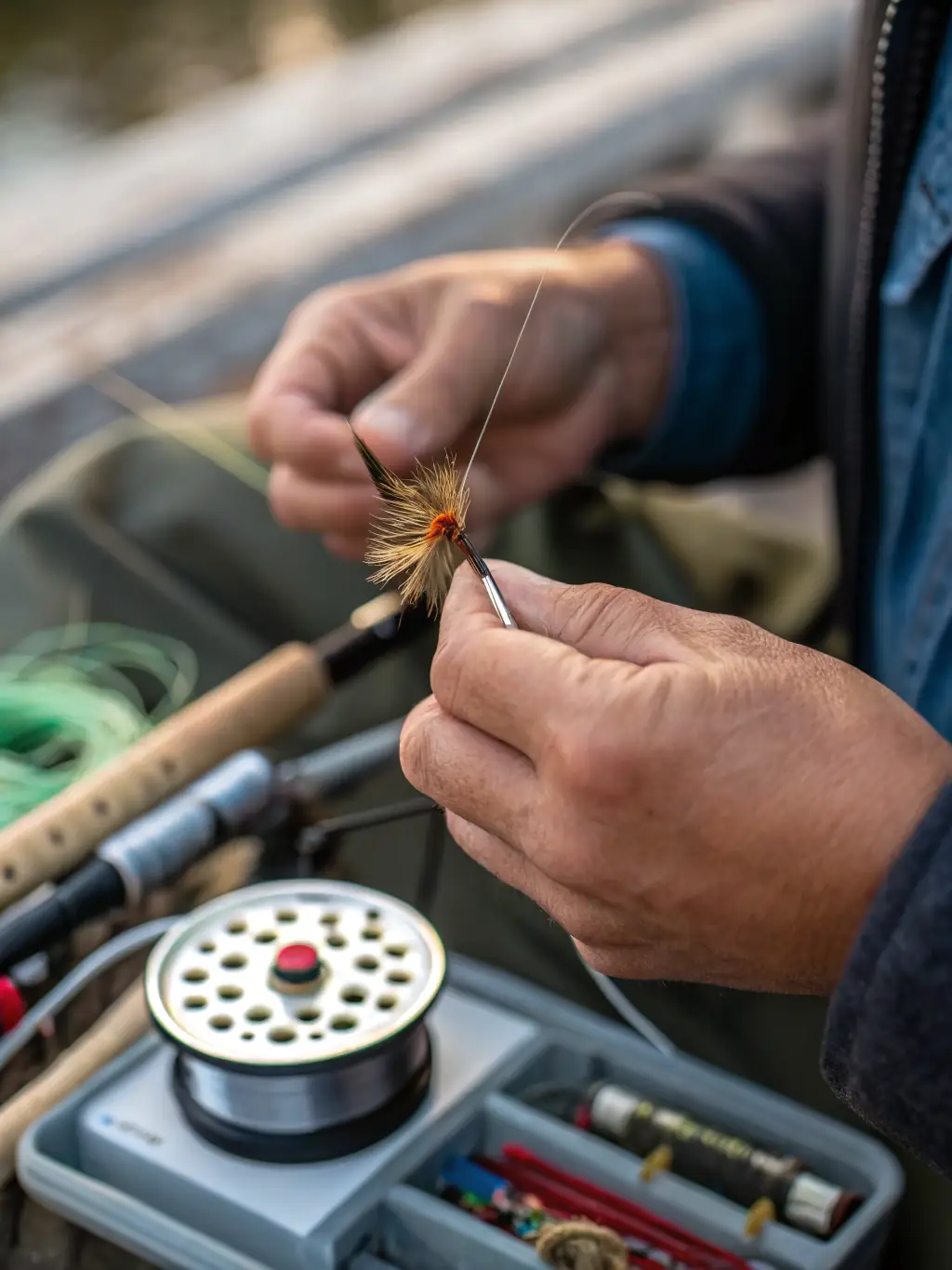 A photo of a fly fishing workshop, with an instructor demonstrating fly tying techniques.