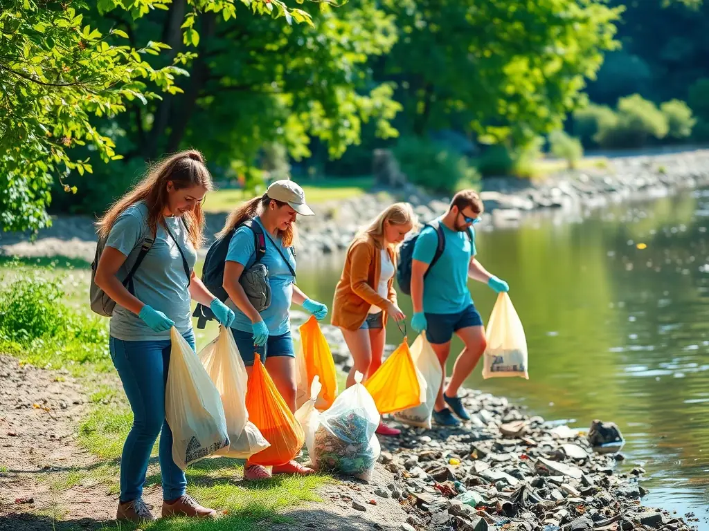 A photograph capturing volunteers cleaning up a riverbank, removing trash and debris, with the river and surrounding nature in the background, symbolizing environmental stewardship.