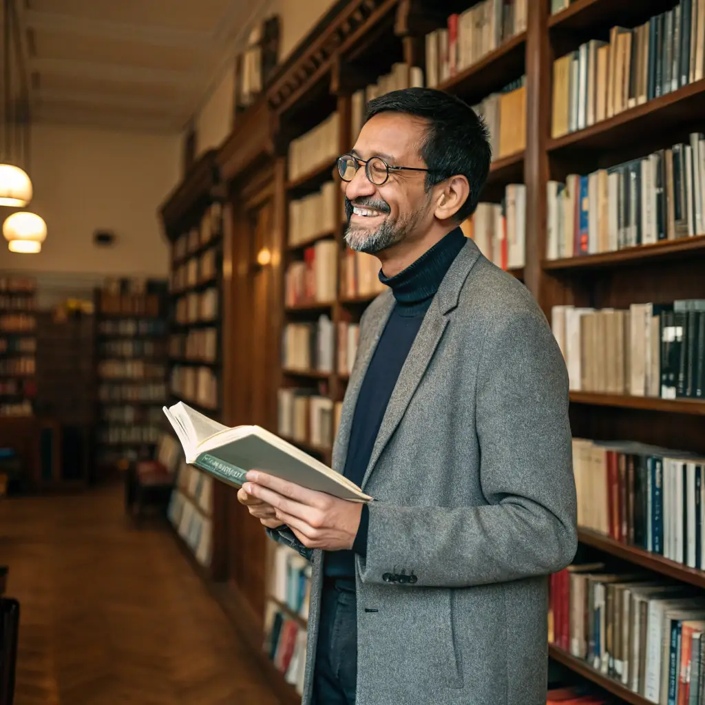 A professional portrait of a smiling middle-aged French man with short brown hair and glasses, wearing a suit and tie, standing in front of a bookshelf.